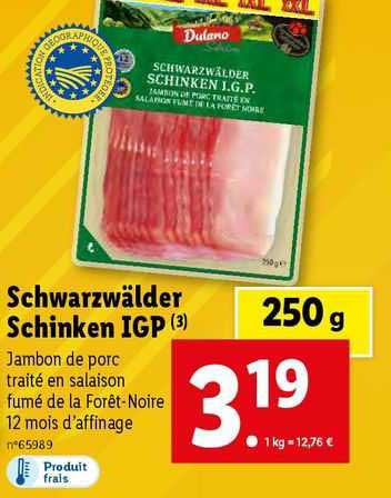 schwarzwälder schinken igp jambon de porc traité en salaison fumé de la forêt-noire 12 mois d'affinage