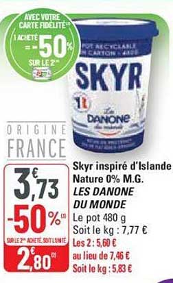 skyr inspiré d'islande nature 0% m.g. les danone du monde