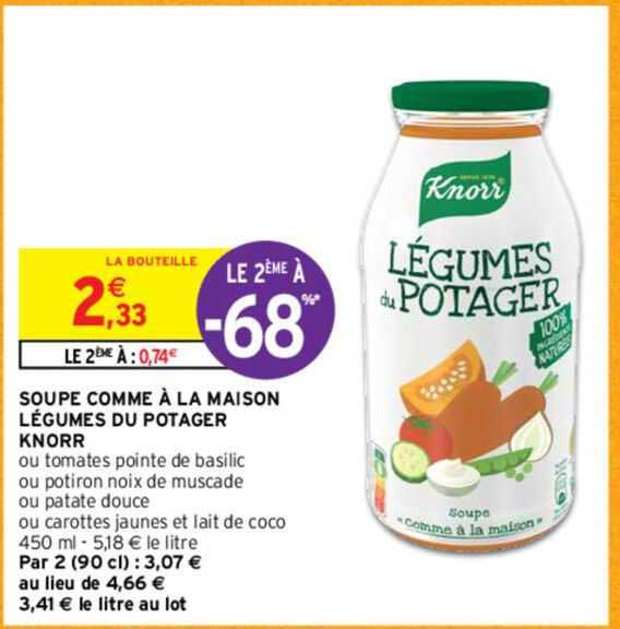 soupe comme à la maison légumes du potager knorr ou tomates pointe de basilic ou potiron noix de muscade ou patate douce ou carottes jaunes et lait de coco