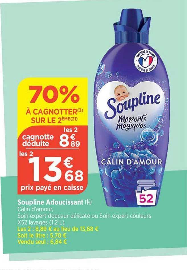 soupline adoucissant câlin d'amour, soin expert douceur délicate ou soin expert couleurs