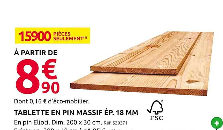 tablette en pin massif ép. 18 mm