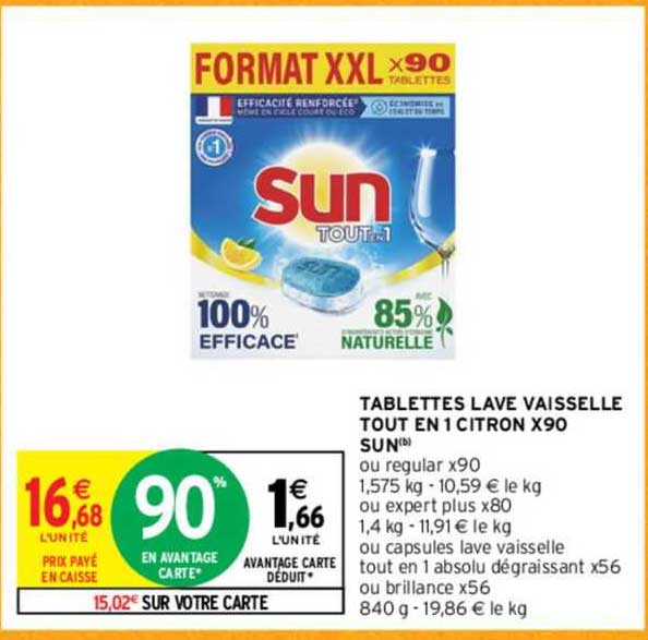 tablettes lave vaisselle tout en 1 citron x 90 sun ou regular x 90 ou capsules lave vaisselle tout en 1 absolu dégraissant x 56 ou brillance x 56
