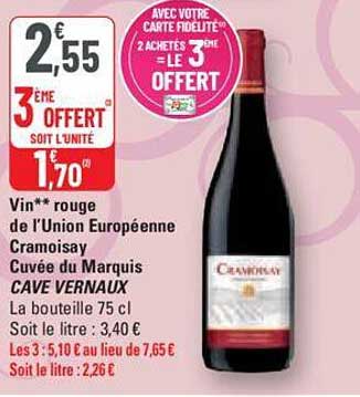 vin rouge de l'union européenne cramoisay cuvée du marquis cave vernaux