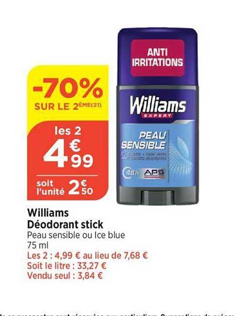 williams déodorant stick peau sensible ou ice blue