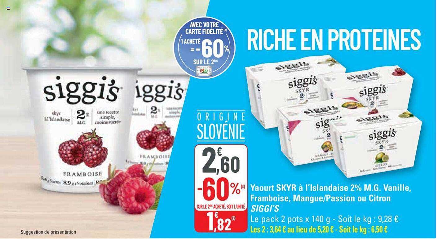 yaourt skyr à l'islandaise 2% m.g. vanille, framboise, mangue/passion ou citron siggi's