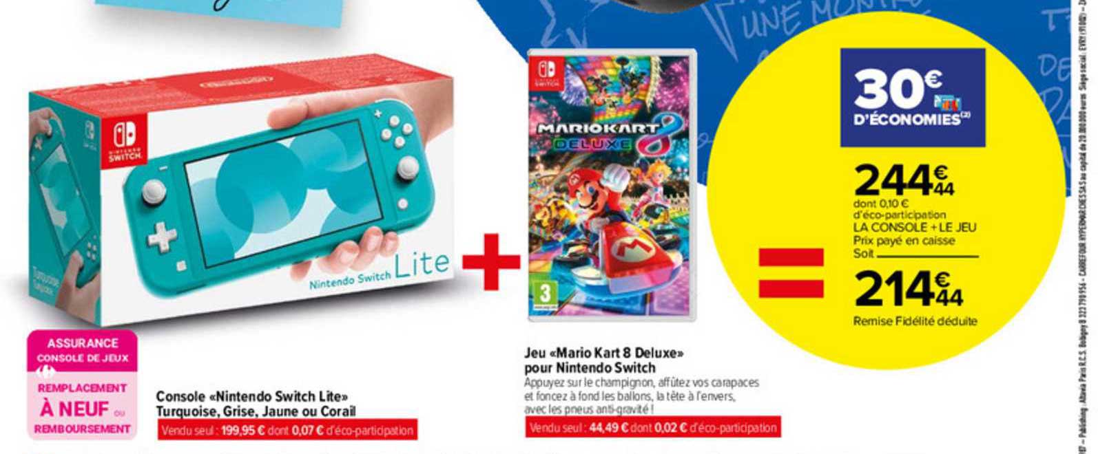 console «nintendo switch lite» turquoise, grise, jaune ou corail, jeu «mario kart 8 deluxe» pour nintendo switch