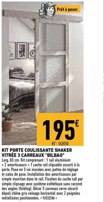 kit porte coulissante shaker vitrée 3 carreaux "bilbao"