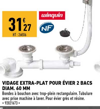 vidage extra-plat pour évier 2 bacs diam. 60 mm