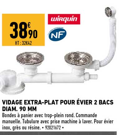 vidage extra-plat pour évier 2 bacs diam. 90 mm