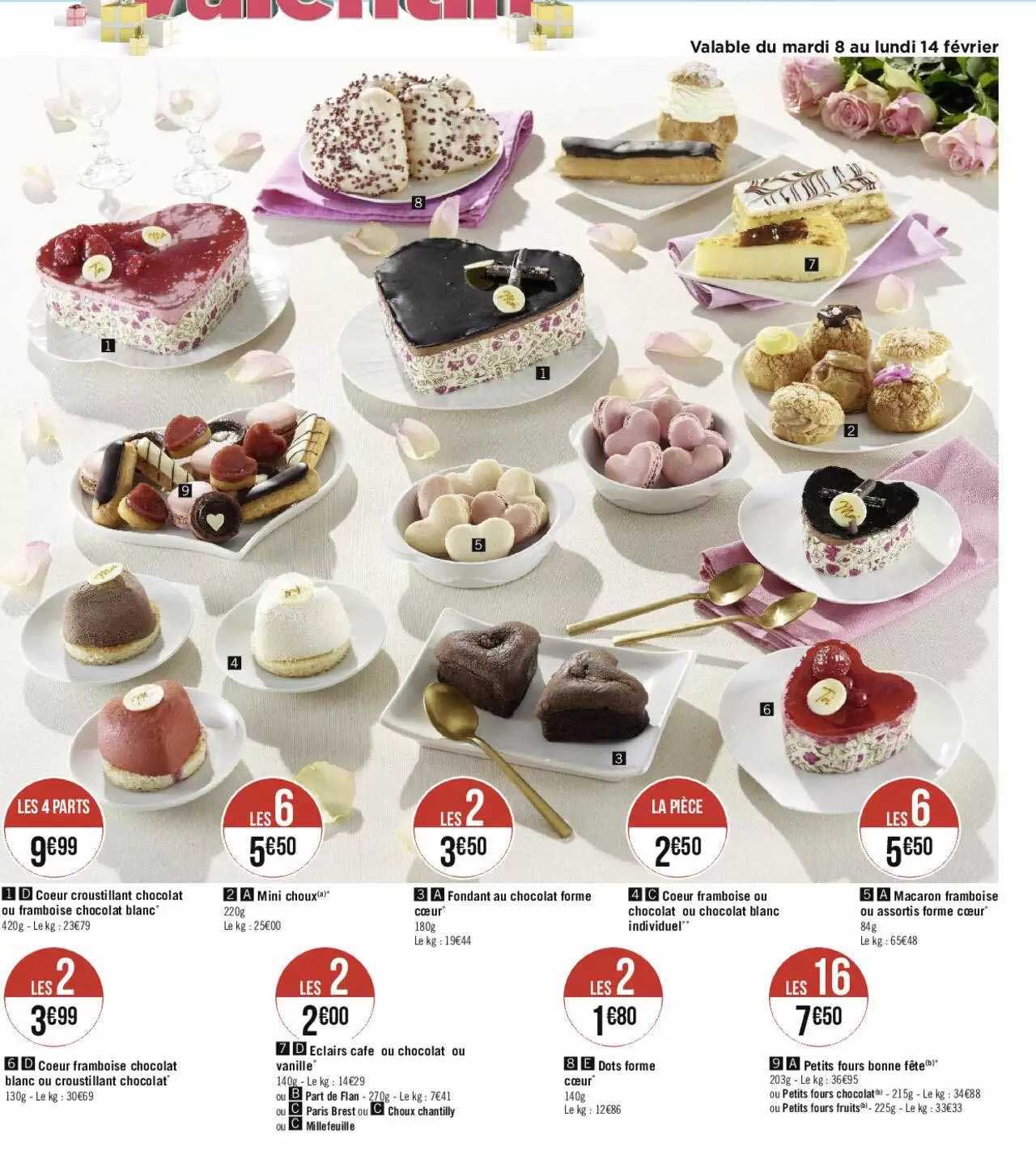 cœur croustillant chocolat ou framboise chocolat blanc, mini choux, fondant au chocolat forme, cœur framboise ou chocolat ou chocolat blanc individuel, macaron framboise ou assorti forme cœur