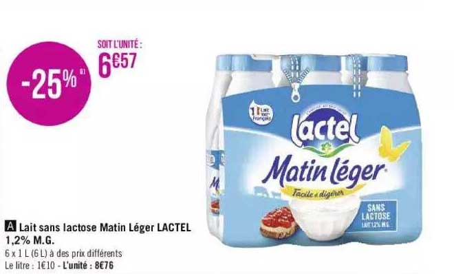 lait sans lactose matin léger lactel 1,2% m.g.