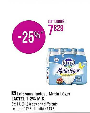 lait sans lactose matin léger lactel 1,2% m.g.