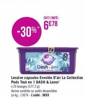 lessive capsules envolée d'air la collection pods tout en 1 dash & lenor