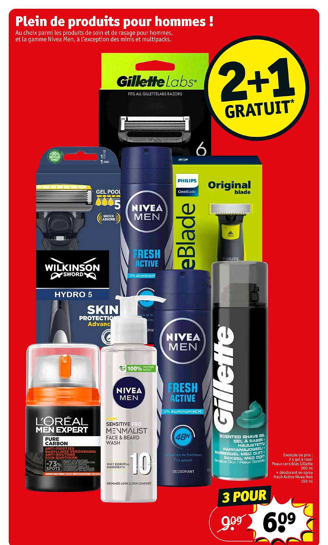 2 x gels à raser peaux sensibles gillette 200ml + déodorant en spray fresh active nivea men 150ml