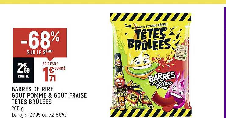 barres de rire goût pomme & goût fraise têtes brûlées -68% sur le 2ème