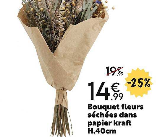 bouquet fleurs séchées dans papier kraft h.40cm