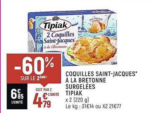 coquilles saint-jacques à la bretonne surgelées tipiak -60% sur le 2ème