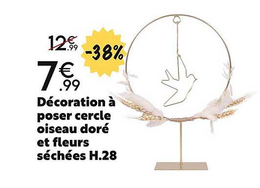 décoration à poser cercle oiseau doré et fleurs séchées h.28