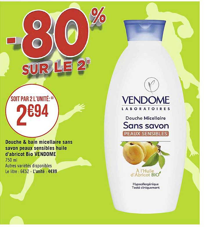 douche & bain micellaire sans savon peaux sensibles huile d'abricot bio vendome -80% sur le 2e