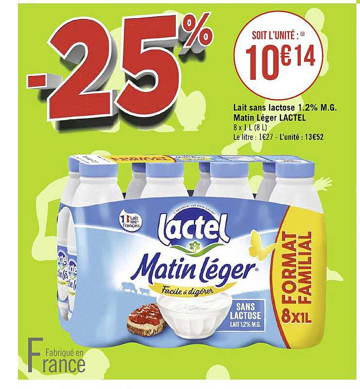 lait sans lactose 1.2% m.g. matin léger lactel
