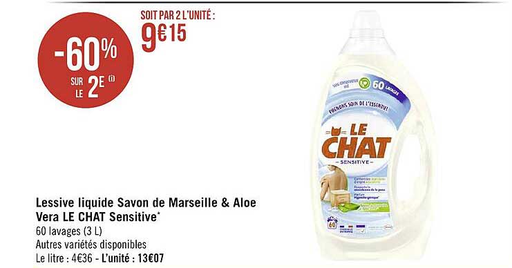 lessive liquide savon de marseille & aloe vera le cha sensitive -60% sur le 2e