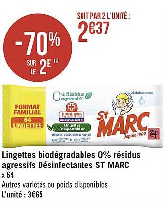 lingettes biodégradables 0% résidus agressifs désinfectantes st marc -70% sur le 2e