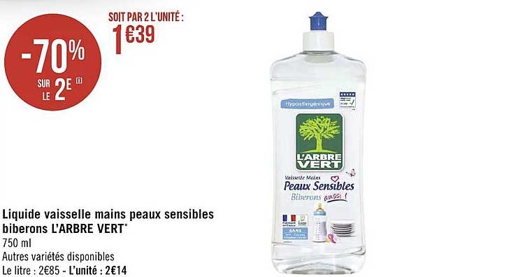 liquide vaisselle mains peaux sensibles biberons l'arbre vert -70% sur le 2e