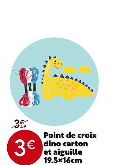 point de croix dino carton et aiguille 19.5x16cm