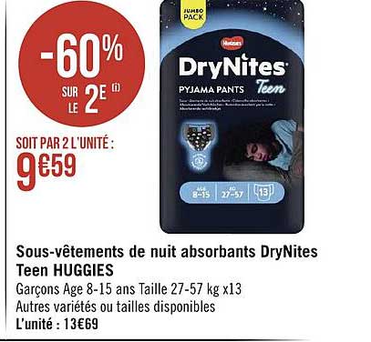 sous-vêtements de nuit absorbants drynites teen huggies -60% sur le 2e
