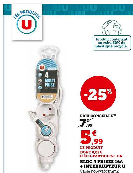 bloc 4 prises 16A + interrupteur u
