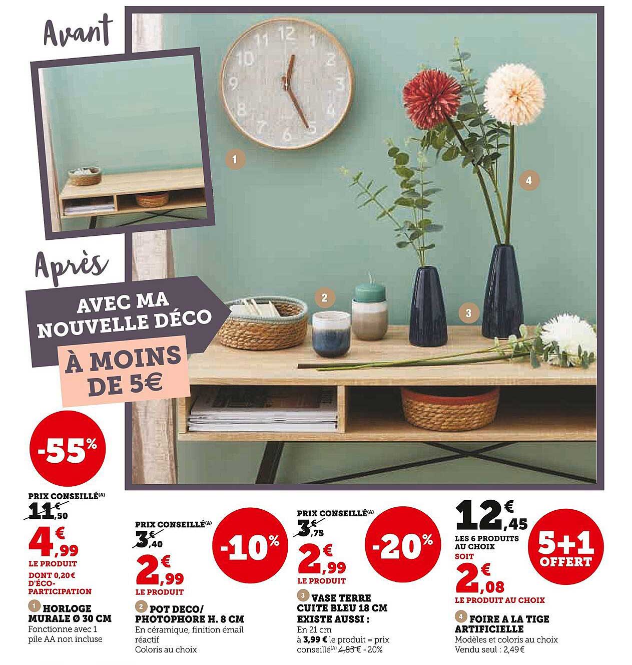 horloge murale ø 30 cm, pot déco/photophore h. 7 cm, vase terre cuite bleu 18 cm, foire à la tige artificielle