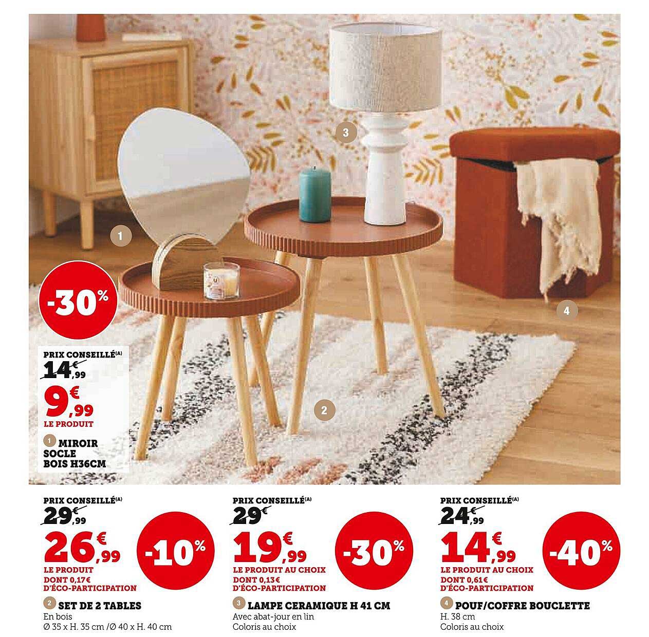 miroir socle bois h36 cm, set de 2 tables, lampe céramique h 41 cm, pouf/coffre bouclette