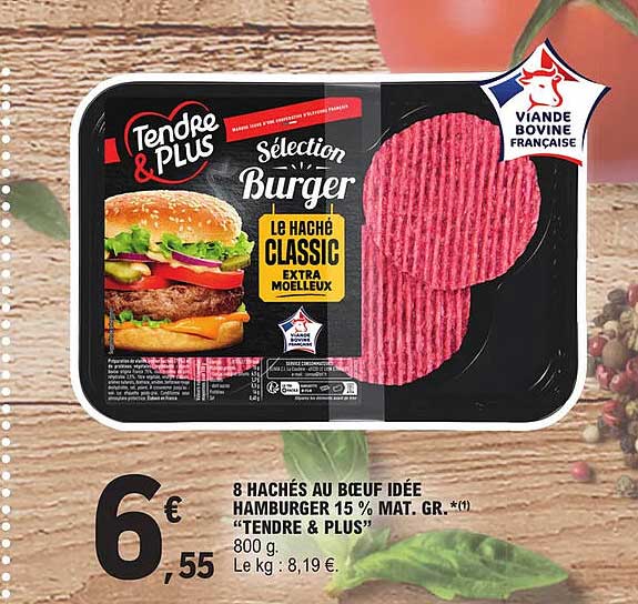 8 hachés au bœuf idée hamburger 15% mat. gr.  "tendre & plus"