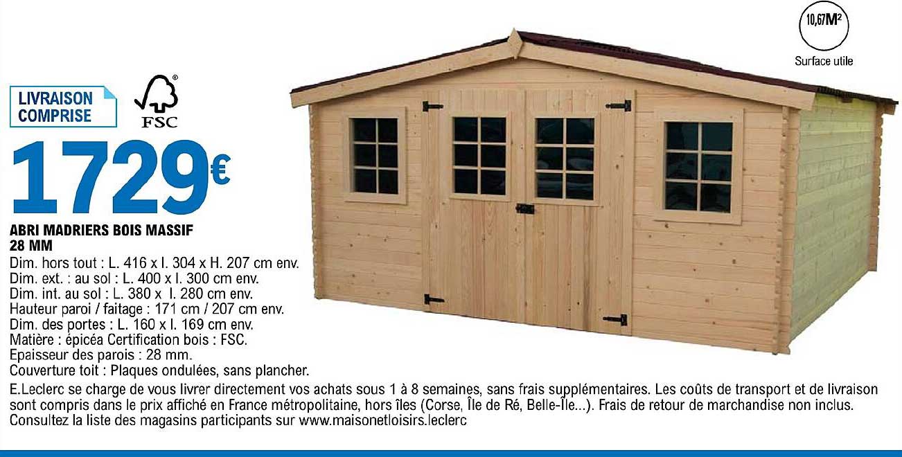 abri madriers bois massif 28 mm