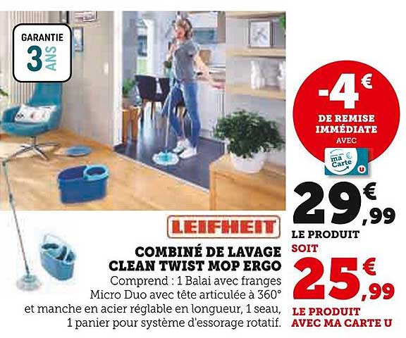 combiné de lavage clean twist mop ergo leifheit