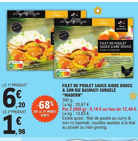 filet de poulet sauce aigre douce & son riz basmati surgelé "madern"