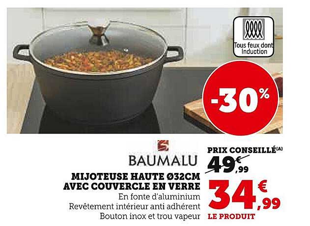 mijoteuse haute ø 32 cm avec couvercle en verre baumalu