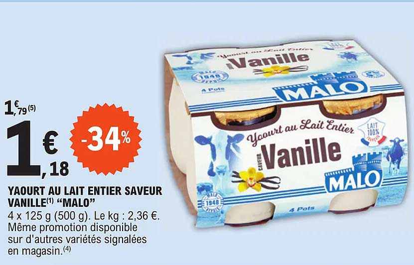 Yaourt Au Lait Entier Saveur Vanille "malo"