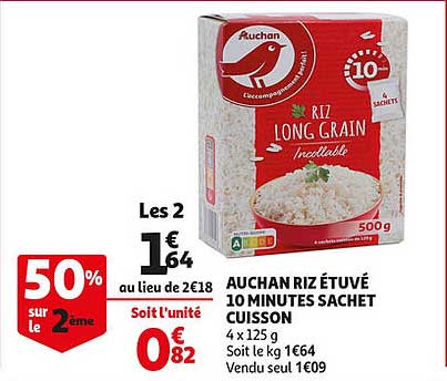 auchan riz étuvé 10 minutes sachet cuisson
