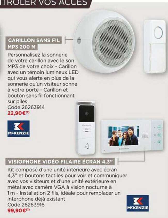carillon sans fil mp 200 m mckenzie, visiophone vidéo filaire écran 4,3" mckenzie