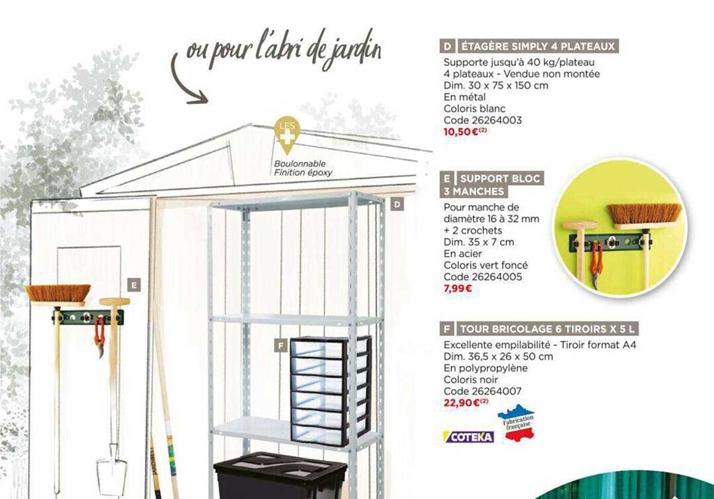 étagère simply 4 plateaux, support bloc 3 manches, tour bricolage 6 tiroirs x5l coteka