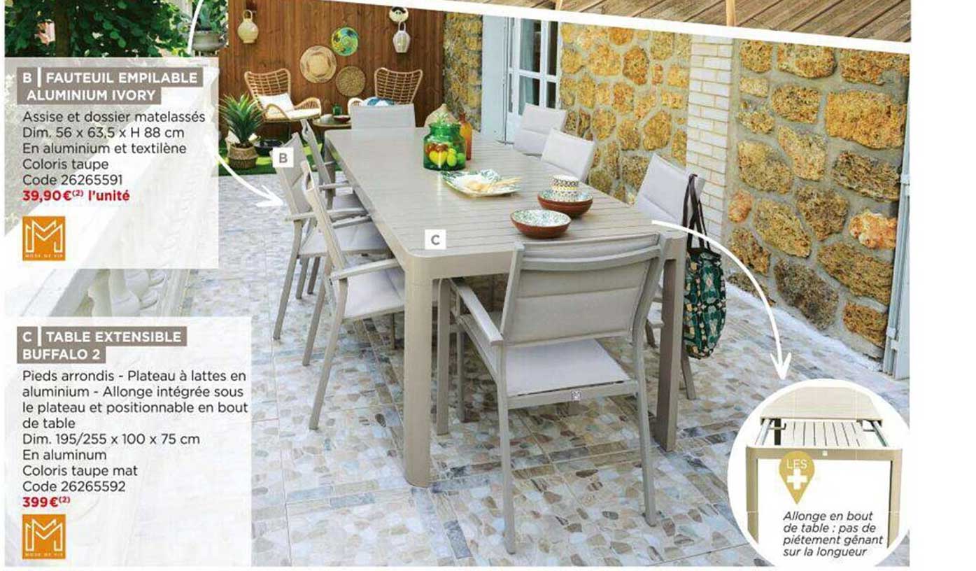 fauteuil empilable aluminium ivory, table extensible buffalo 2