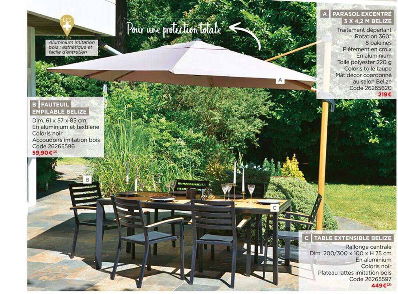 fauteuil empilable belize, parasol excentré 3 x 4,2 m belize, table extensible belize