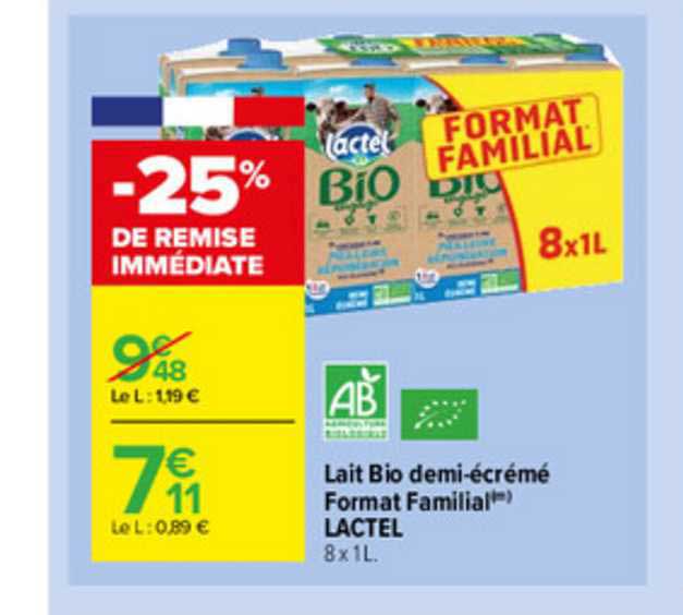 lait bio demi-écrémé format familial lactel