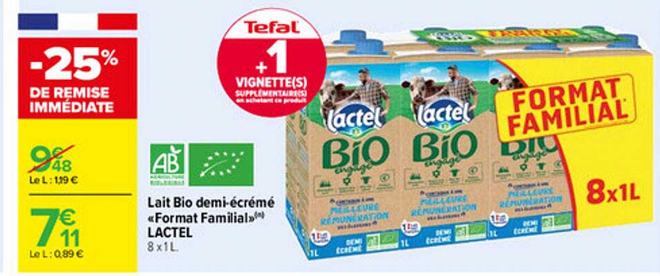 lait bio demi-écrémé «format familial» lactel