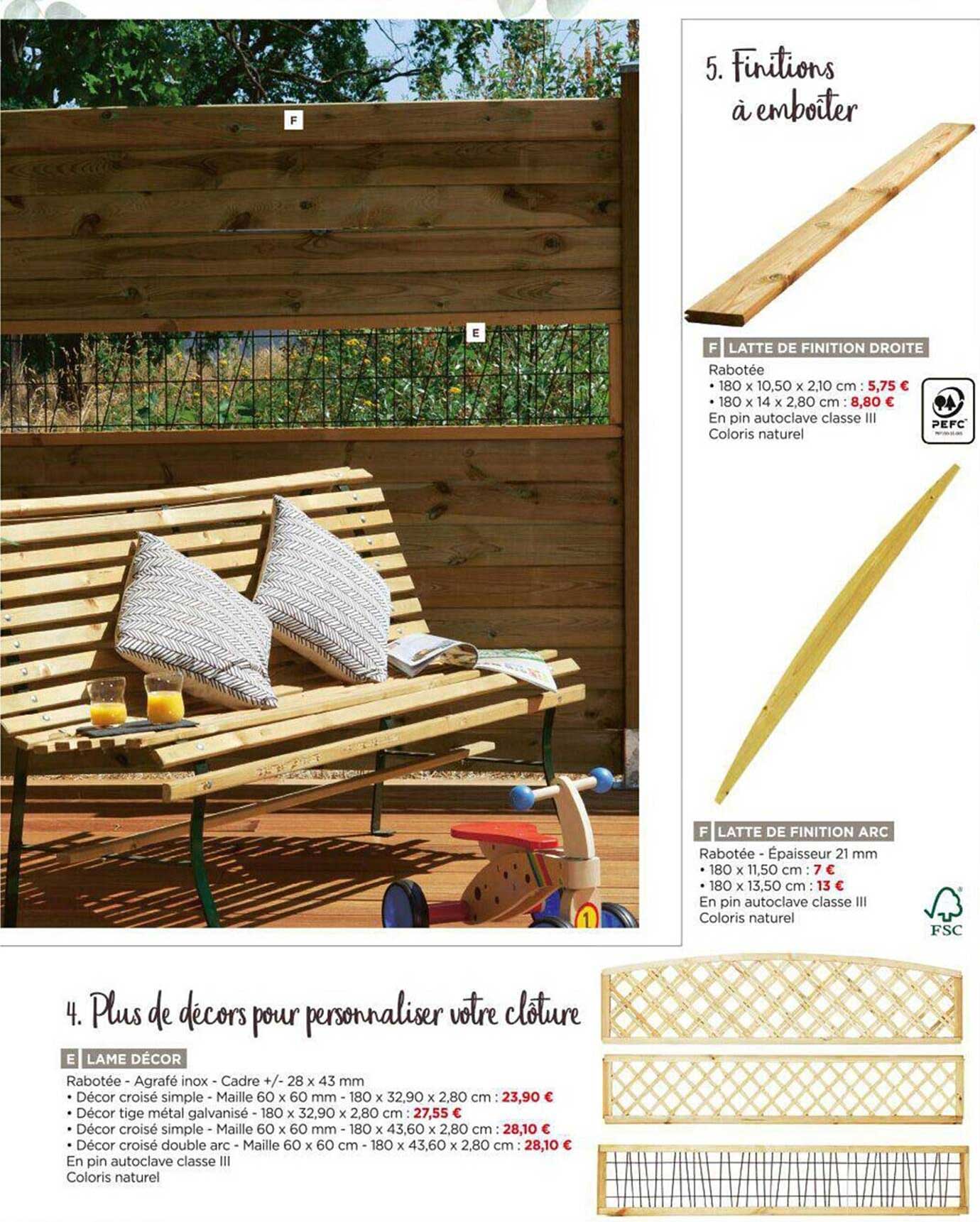 latte de finition droite, latte de finition arc, lame décor