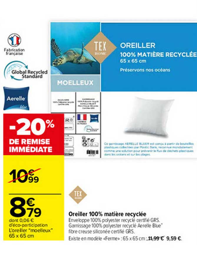 oreiller 100% matière recyclée tex home
