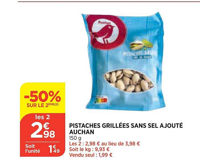pistaches grillées sans sel ajouté auchan