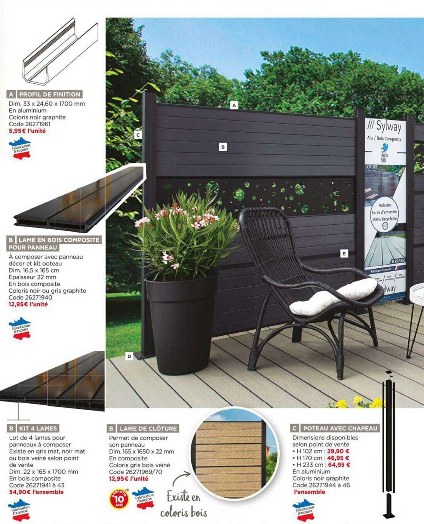 profil de finition, lame en bois composite, kit 4 lames, lame de clôture, poteau avec chapeau