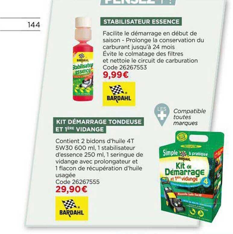 stabilisateur essence, kit démarrage tondeuse et 1ère vidange bardahl